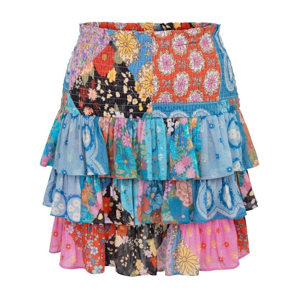 SPELL & THE GYPSY Cha Cha Mini Skirt Multi Colorful Patchwork Tiered‎ Ruddle XL